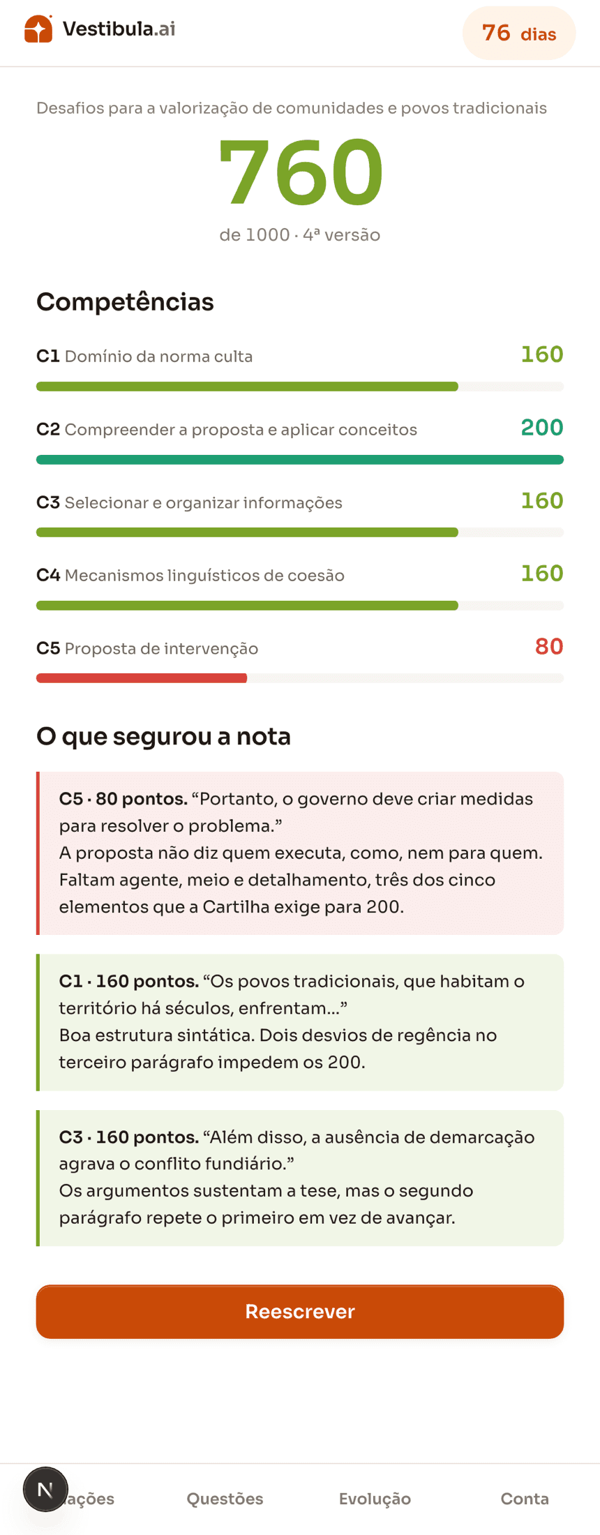 Tela de resultado do app: nota 760, as cinco competências com suas notas e os trechos citados.
